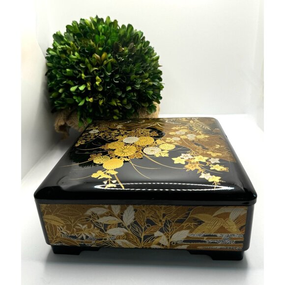 Japanese Lacquerware Decorative Box With Floral Design 7.5" L x 7.5" W x 3" H - Picture 2 of 12